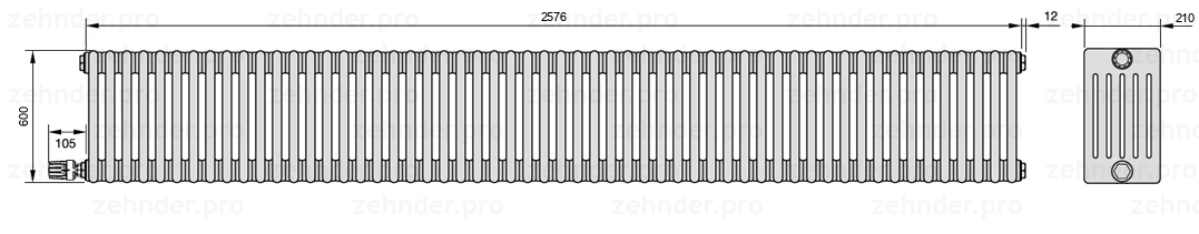 Схема (чертеж) Радиатор Zehnder Charleston 6060/56 №V004 Белый глянцевый RAL 9016